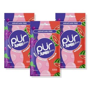 PUR Jumbo Gum | Aspartame Free | 100% Xylitol | Natural Bubblegum, Grape, Watermelon Flavor | 20 Pieces (Pack of 3)