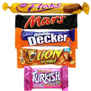British Chocolate Bars Variety Pack - Flake, Peanut Lion Bar, Double Decker, Mars & Turkish Delight
