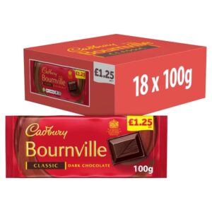 Cadbury Bournville Classic Dark Chocolate 100g x18 Bars - High-Quality Cocoa, Rich Flavor, Smooth Texture