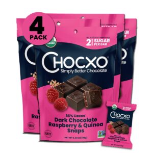 ChocKETO Dark Chocolate Raspberry & Quinoa Snaps | Keto Certified, USDA Organic, Certified Gluten Free and Kosher | Sustainably Sourced 85% Cacao, 98 g (4-Pack)