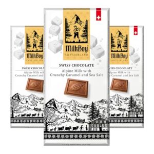 Milkboy Swiss Milk Chocolates - Alpine Milk Chocolate Bars with Crunchy Caramel Sea Salt - 3.5 oz, 3 Pack