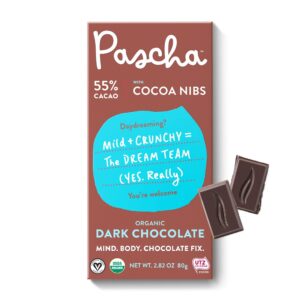 Pascha Organic Vegan Dark Chocolate Bars 55% Cacao with Cocoa Nibs, 2.8 oz, Pack of 10 - Nut, Soy, Gluten, Dairy Free