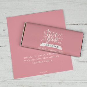 Personalized 25ct Confirmation Chocolate Bar Wrappers - Cross Pink God Bless - Just Candy