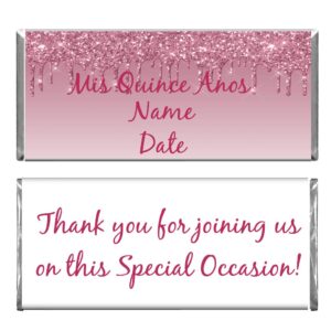 Personalized Pink Glitter Quinceanera Chocolate Bar Wrappers & Foils - Blue Skies Plus - Birthday Party Favors (24)